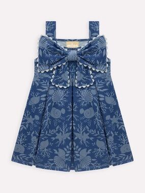 Milon Navy Seashell Coral Oversized Bow Cotton Sundress Girls 3T